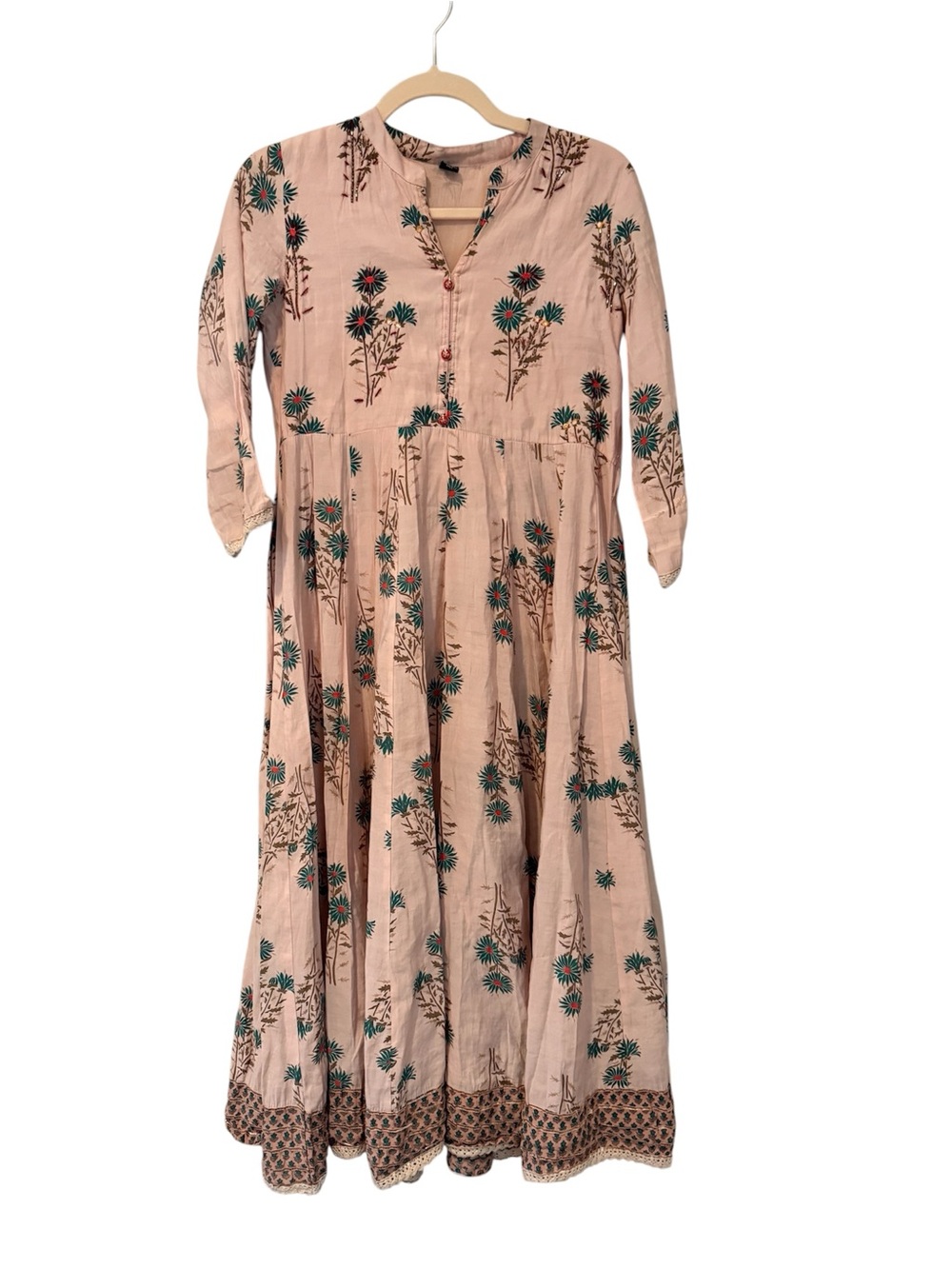 Floral Block Print Midi Dress Cottagecore 100% Cotton Made in India size M
